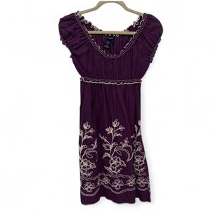 Max Studio Purple Boho Embroidered Peasant Puff Sleeve Mini Dress